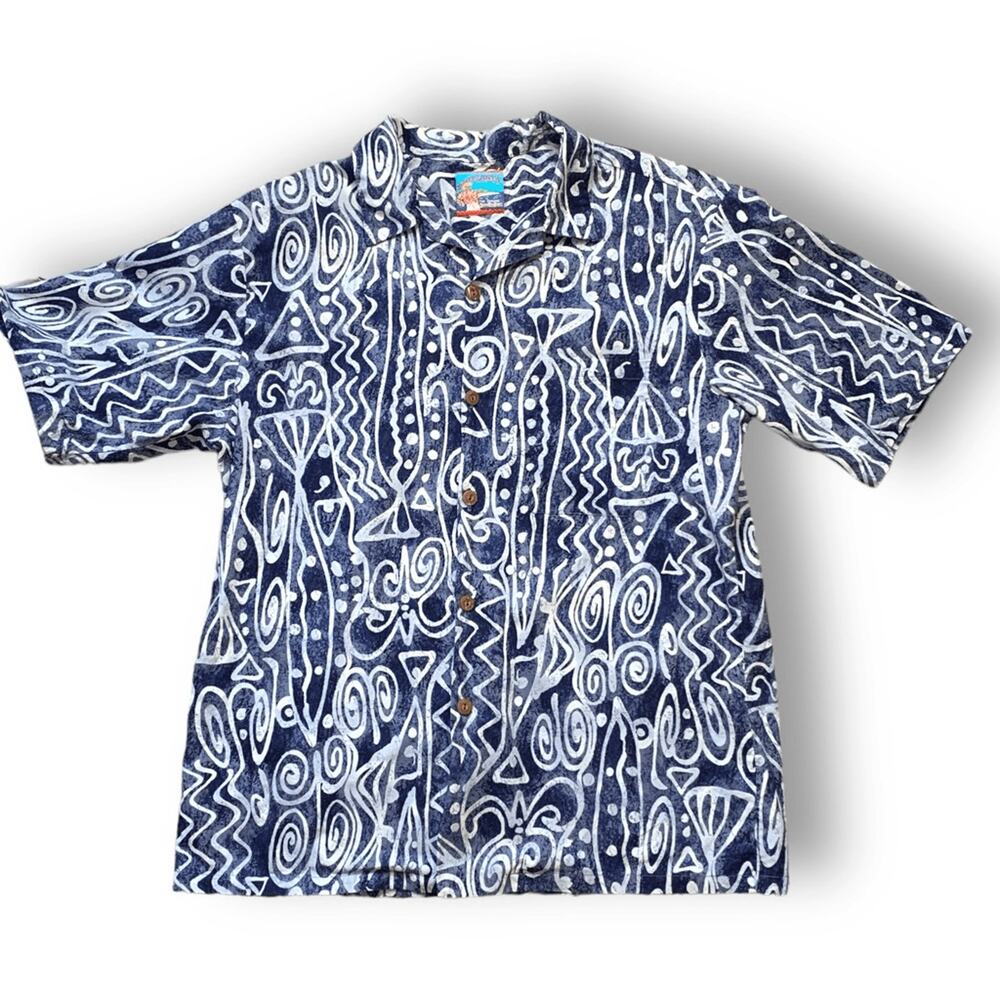 Vintage‎ 90s Abstract Print Button Up Shirt Blue White Short Sleeve Art To Wear